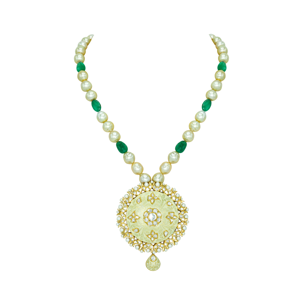 Ivory-Mint Enamel Pendant Necklace with Pearls and Emeralds